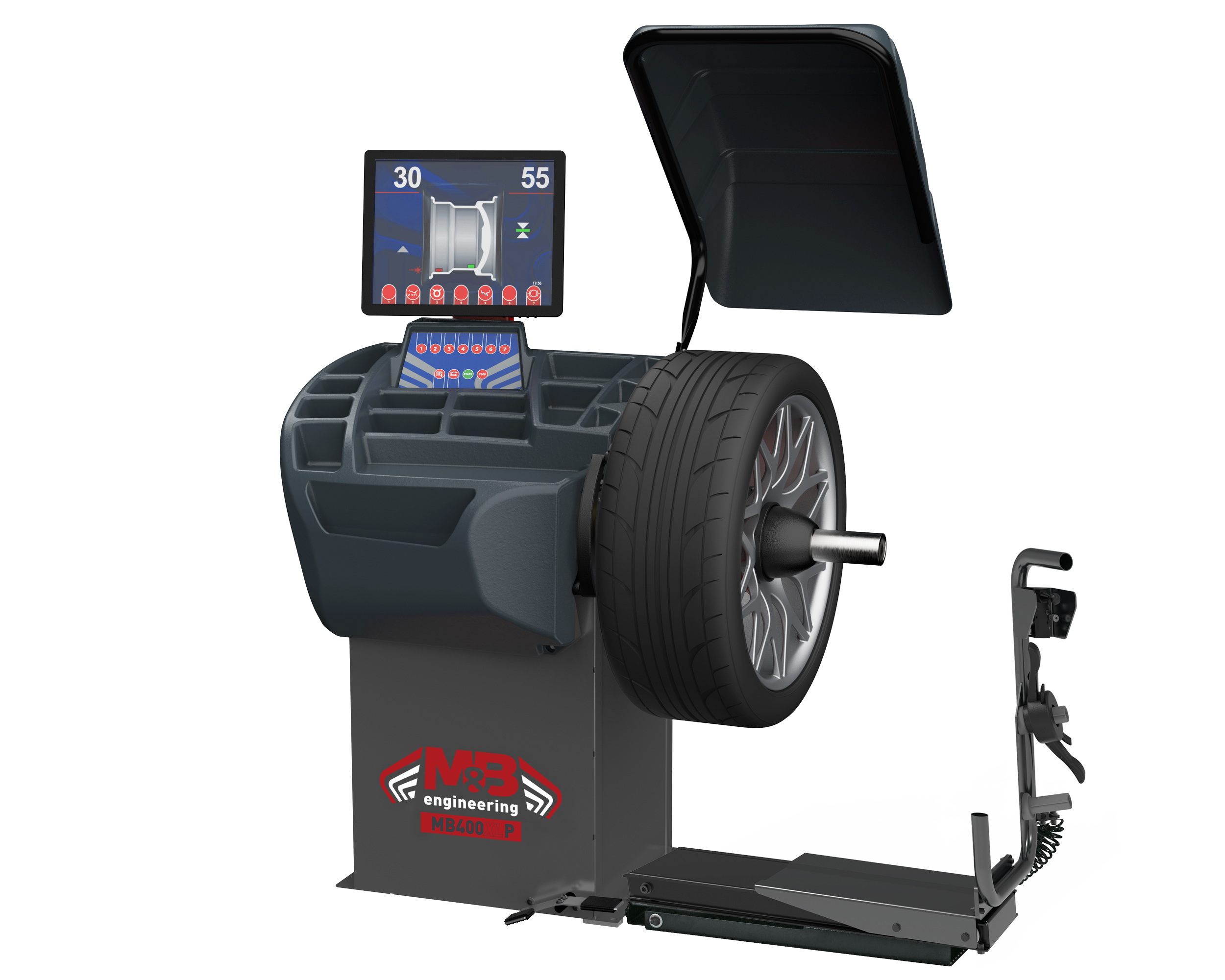 Un machine de test de pneus avec écran numérique et plateforme pour faire tourner le pneu, marquée M&B engineering.