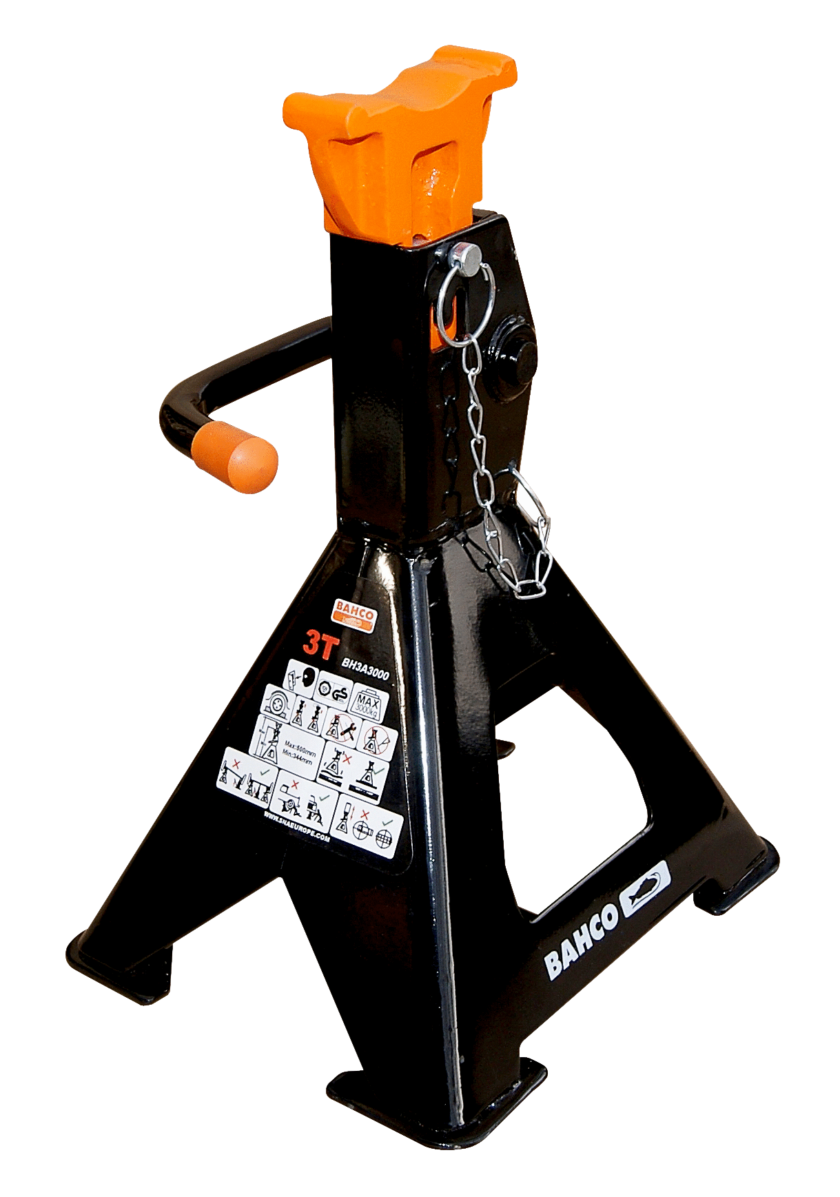 Un support métallique noir avec une chaîne, une poignée et des instructions d’utilisation, destiné à soulever ou ceci est une contre-phrase