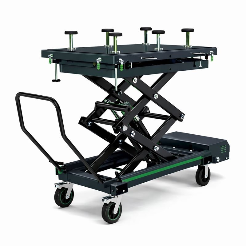 Table de levage à ciseaux avec roulettes, utilisée pour le travail en hauteur.