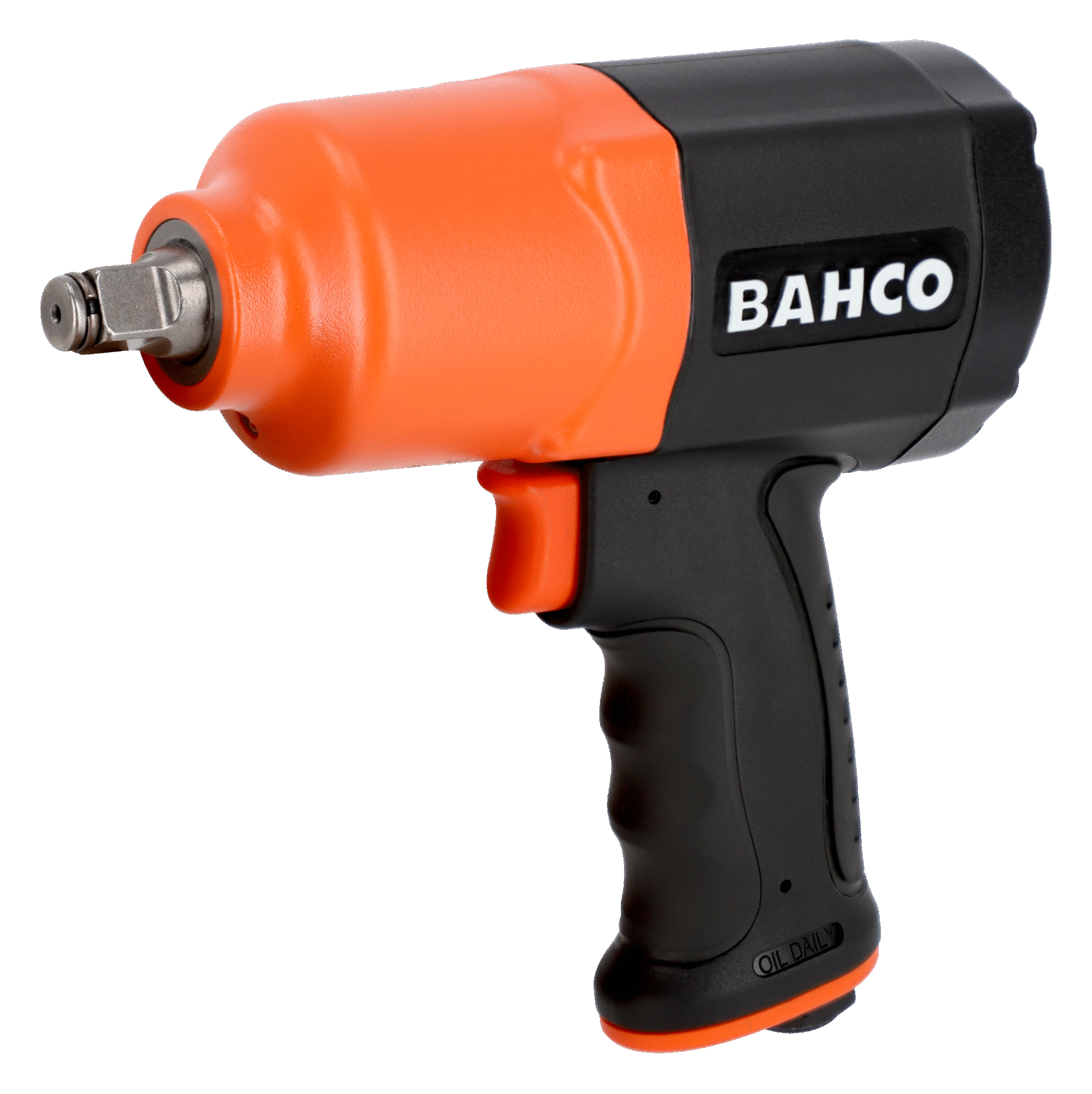Un pistolet à air comprimé de la marque Bahco avec une poignée en plastique noir et une partie avant orange.