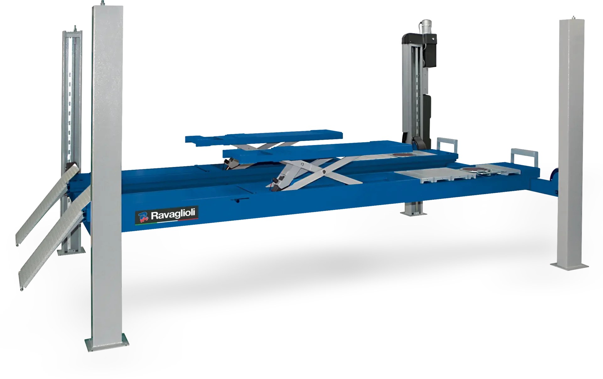 Une table de levage mécanique bleue avec des supports en métal, utilisée pour la maintenance ou la réparation de véhicules, avec la marque Ravaglioli visible.