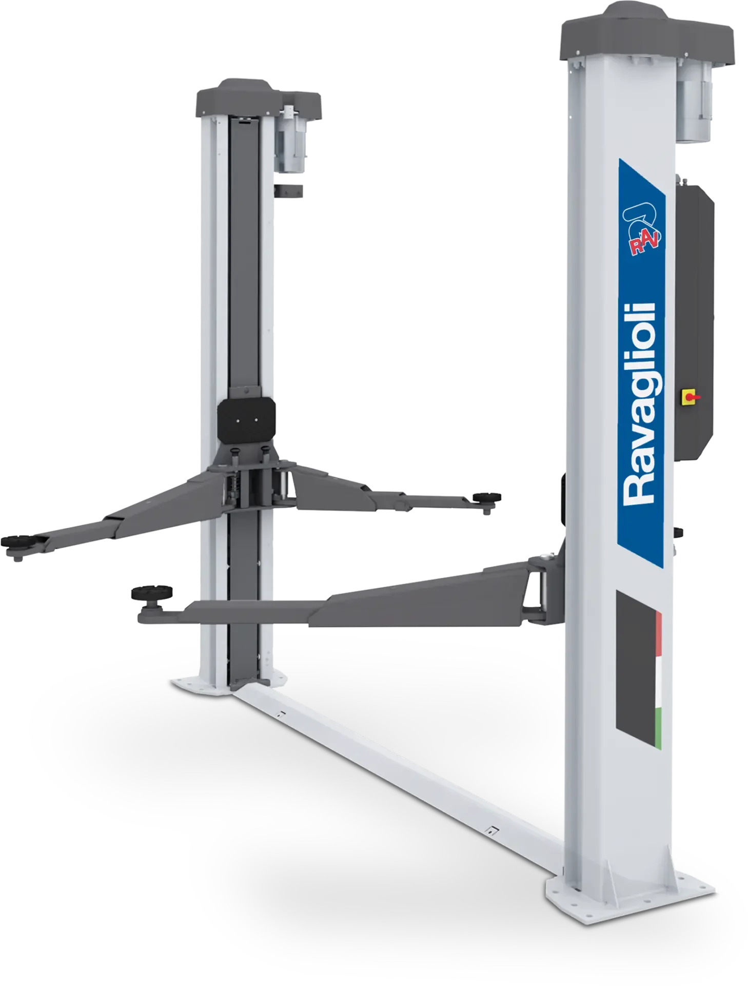 Un équipement pour le changement de pneus, de la marque Ravaglioli, destiné aux ateliers de réparation automobile, avec deux colonnes verticales et un bras articulé pour supporter le pneu.