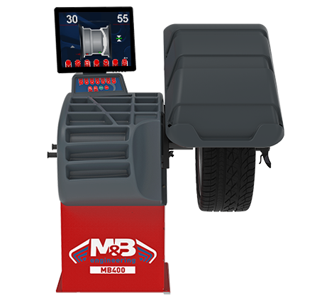 Machine de test de pneus avec écran numérique et compartiments pour les pneus, marque MBR