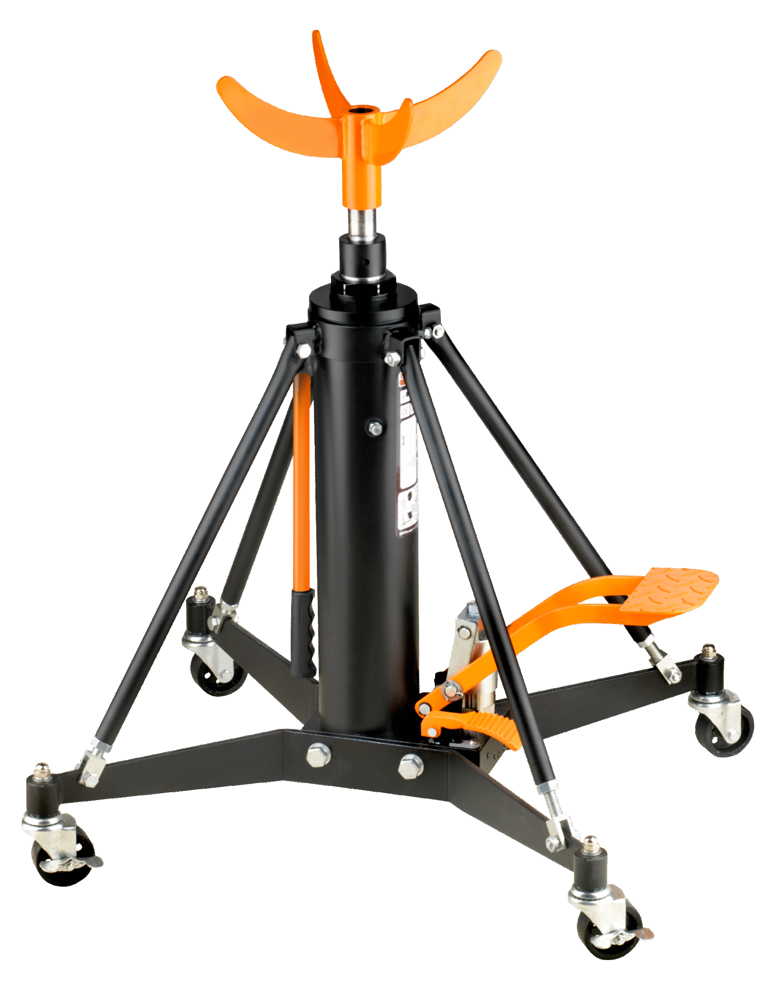 Trépied de levage pour véhicules, équipé de roues et d'une pince orange de levage.