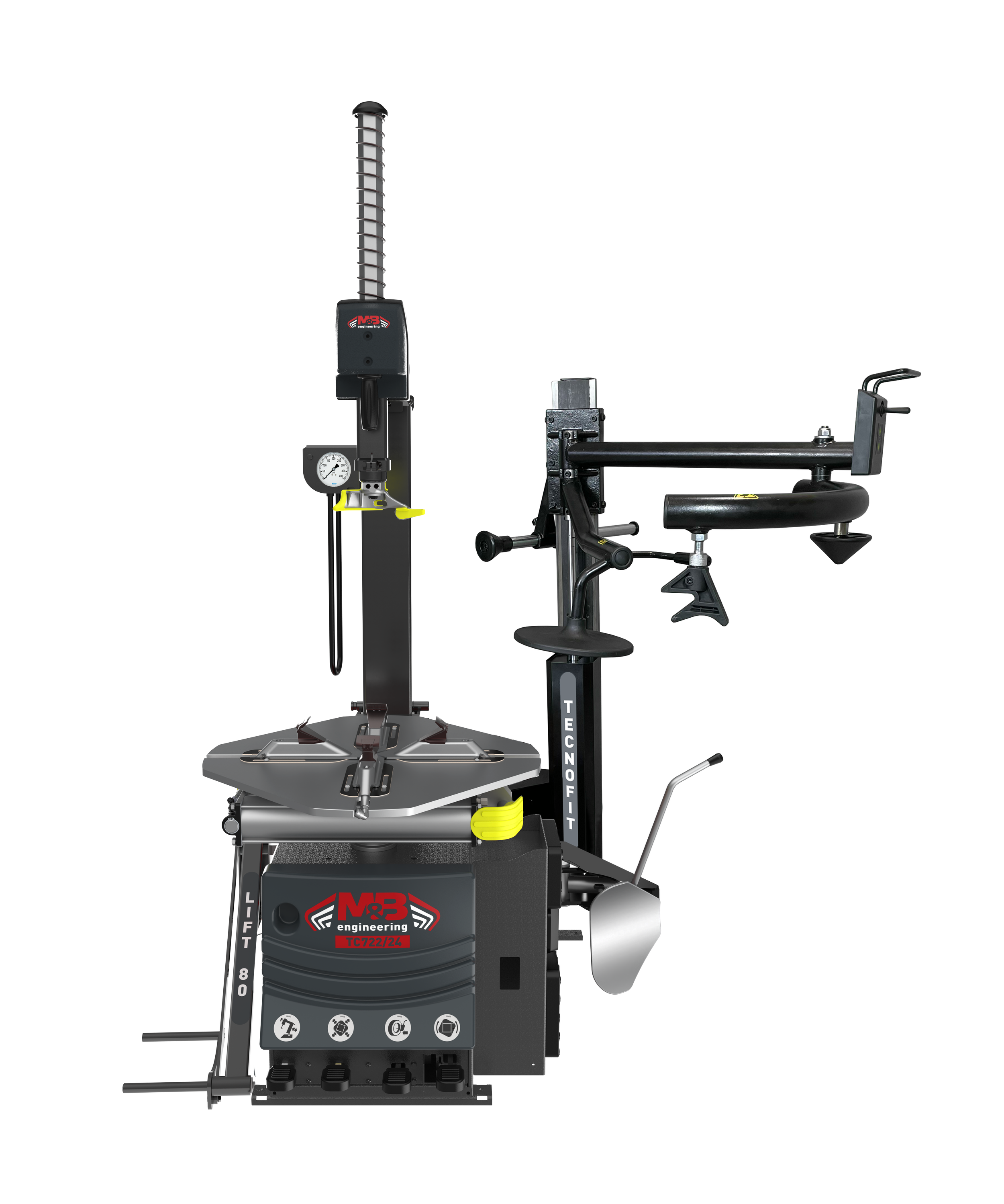 Machine de test de pneus équipée d'une plateforme rotative, d'un manomètre, et d'un bras pour fixer le pneu, avec une structure en métal noir et des éléments en gris et jaune.
