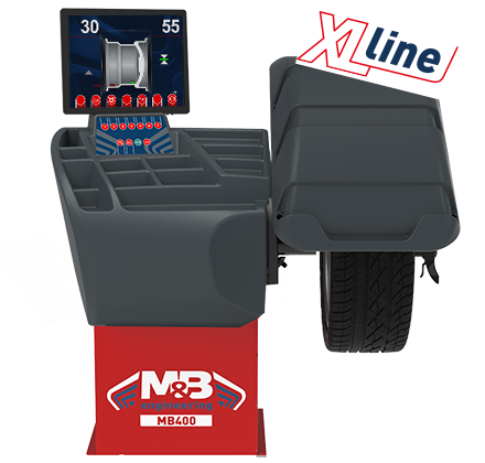 Machine de test de pression des pneus avec écran numérique et compartiments pour outils, marquée MB Engineering et X Line.