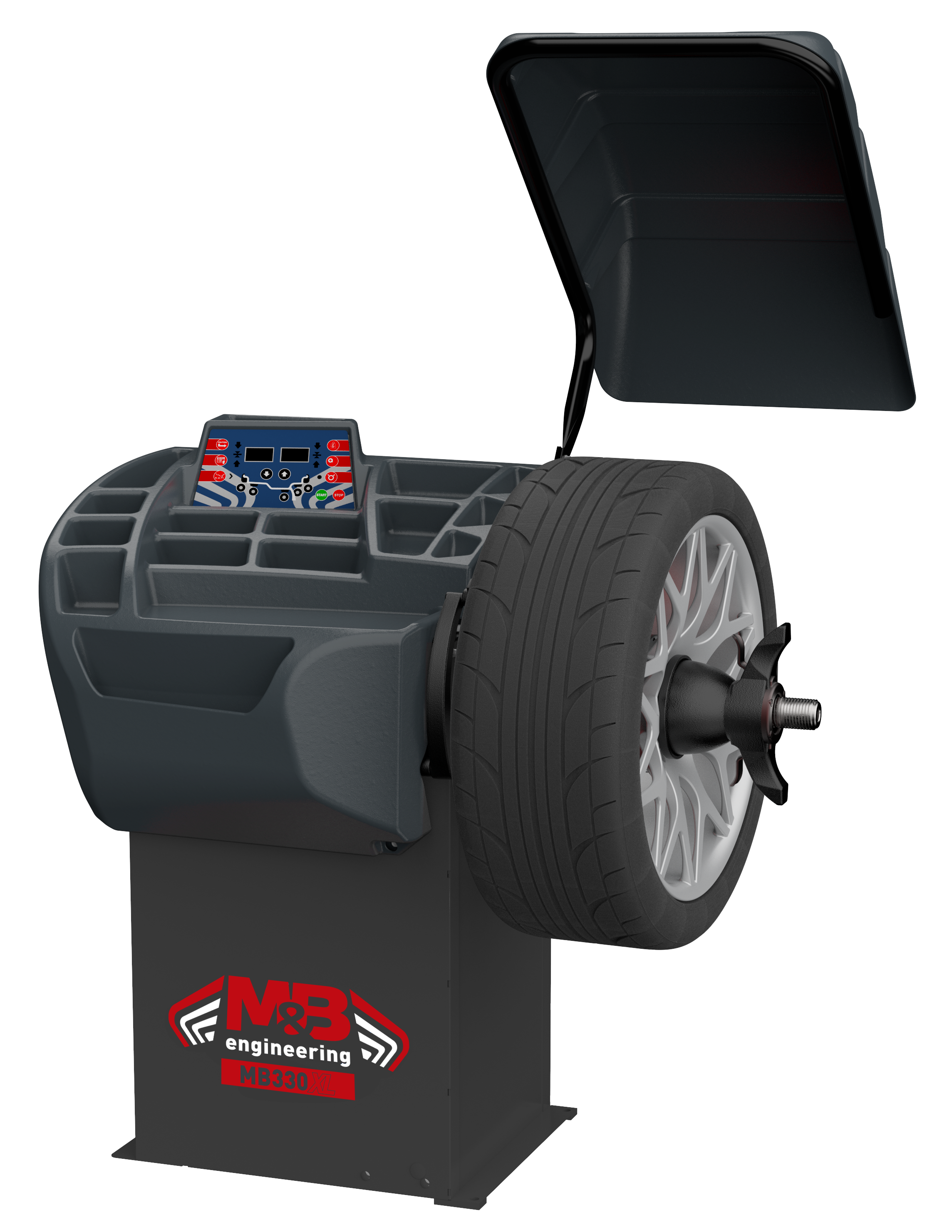 Un équipement de test de pneus et de roues, avec un tableau de contrôle numérique, utilisé pour l'équilibrage ou l'inspection des pneus.
