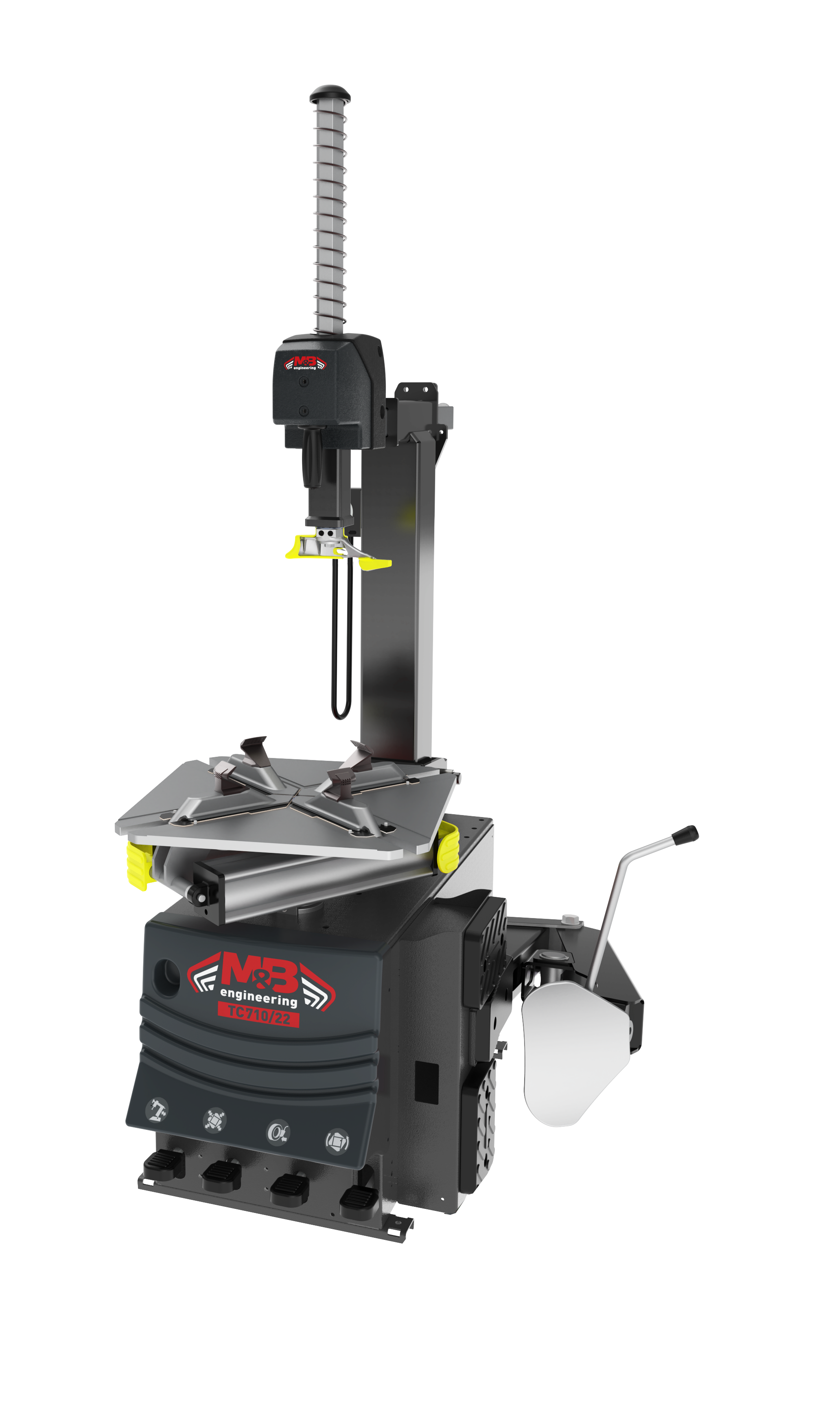 Une machine de sciage à onglets, principalement noire avec des accents gris et jaunes, équipée d'une grande table de travail, de leviers de réglage et d'une base robuste, utilisée pour couper précisément le bois ou autres matériaux.