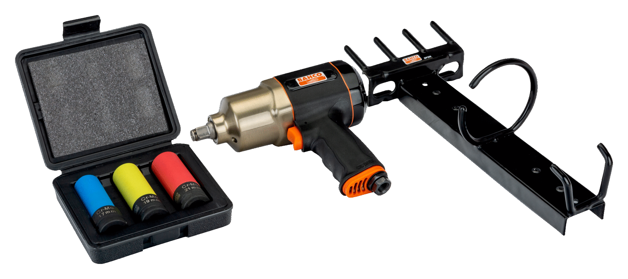 Un pistolet à rivets électrique avec un support et une boîte de rivets en différentes couleurs.