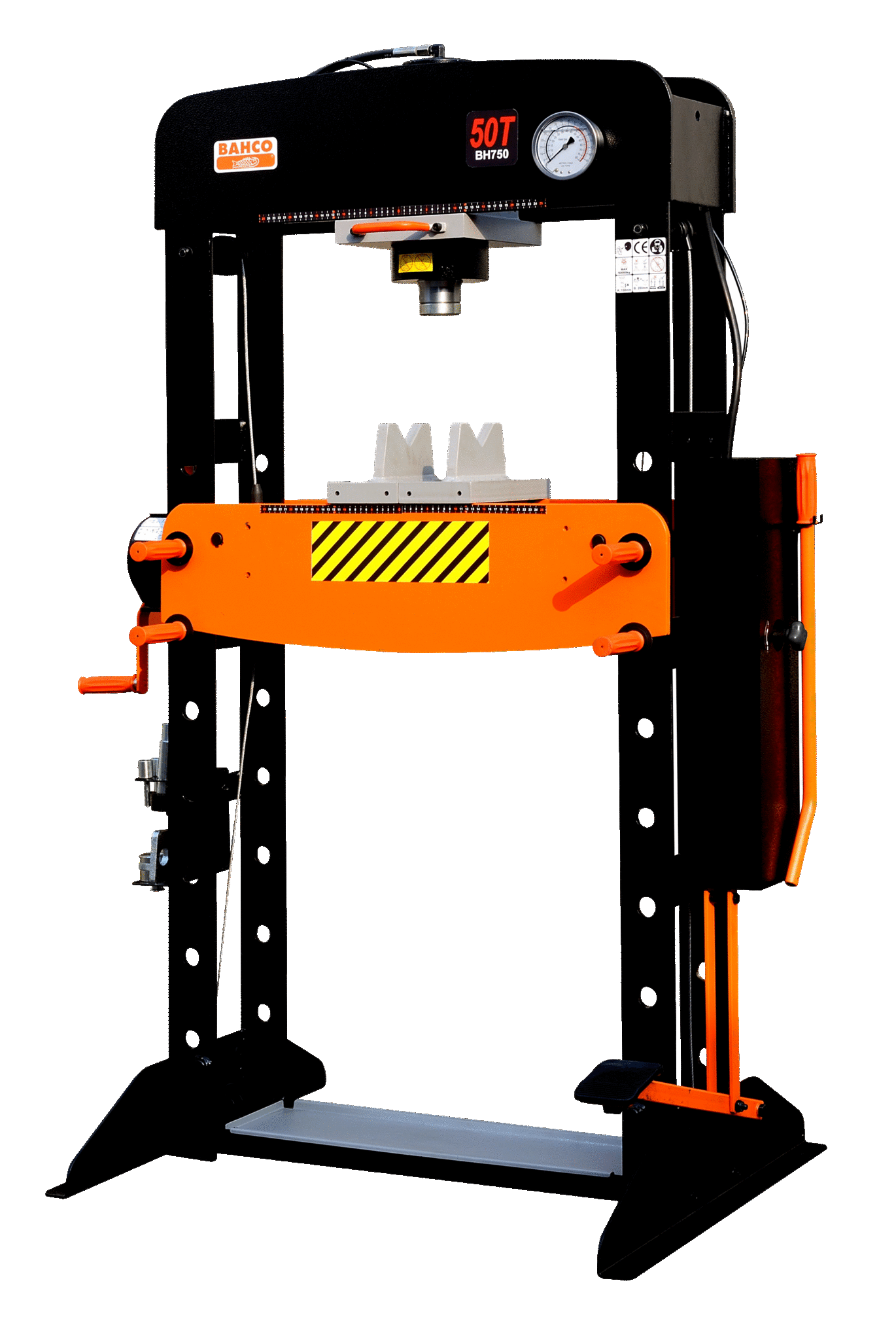 Presses hydraulique de 50 tonnes de couleur noire et orange avec un moniteur et des pièces métalliques.