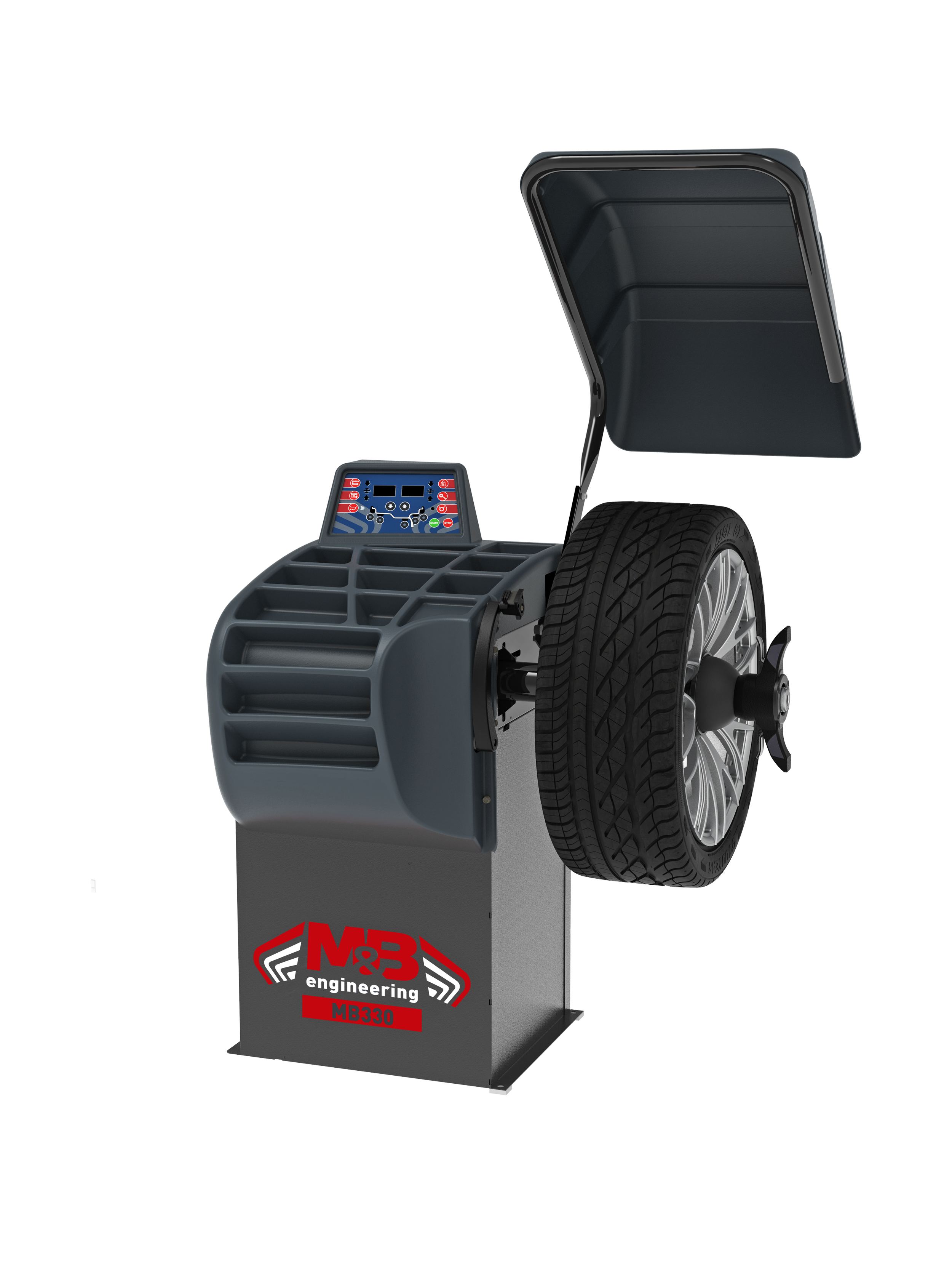 Machine de test de pneu avec un écran de contrôle, une roue de voiture, et un compartiment de stockage, portant le logo 'M&B engineering MB330'.