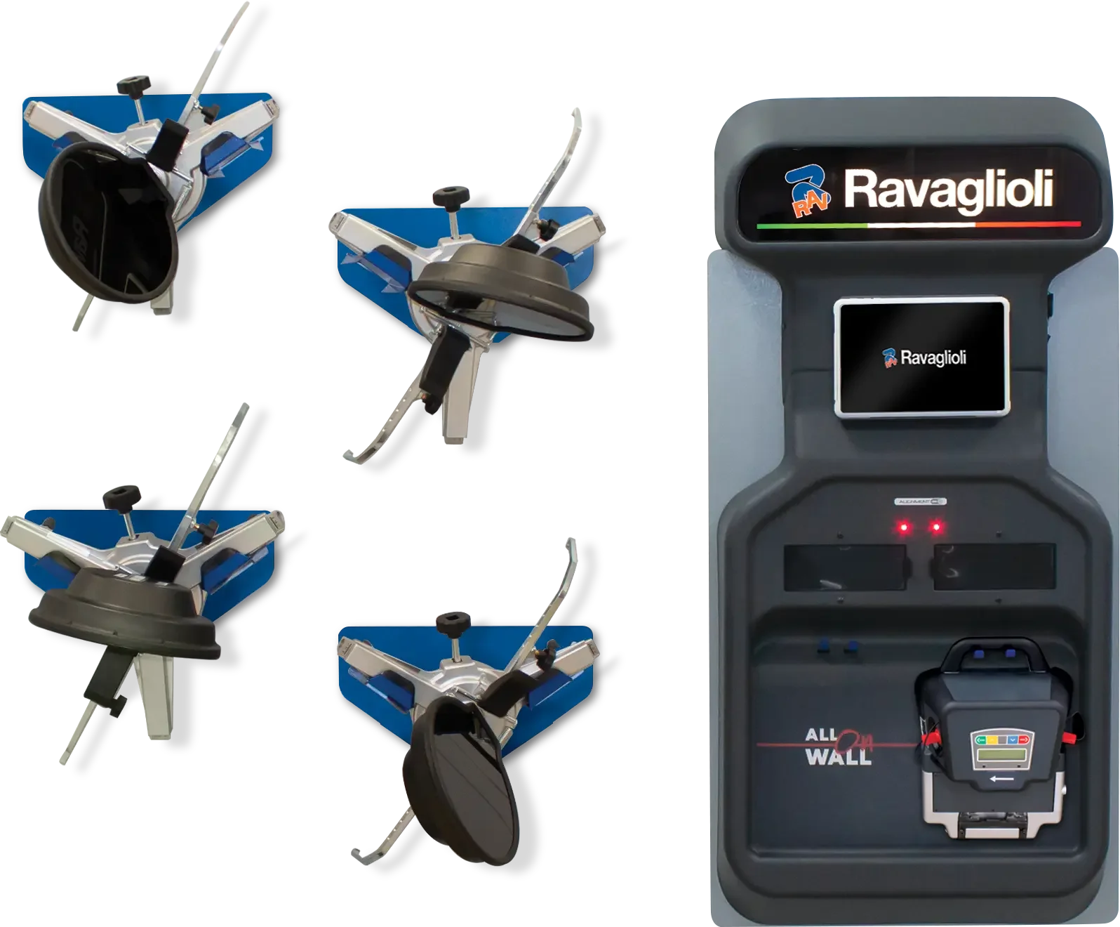 Quatre téléviseurs de golf avec supports, à côté d'un distributeur automatique de balles de golf Ravaglioli.