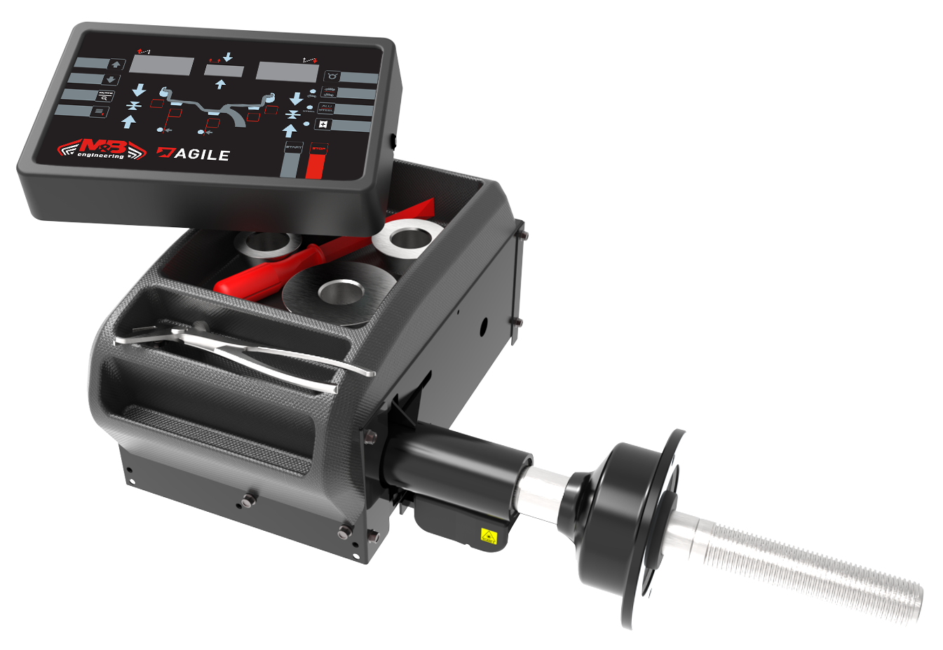 Dispositif de test pour suspension de véhicule, avec écran numérique et composants mécaniques.