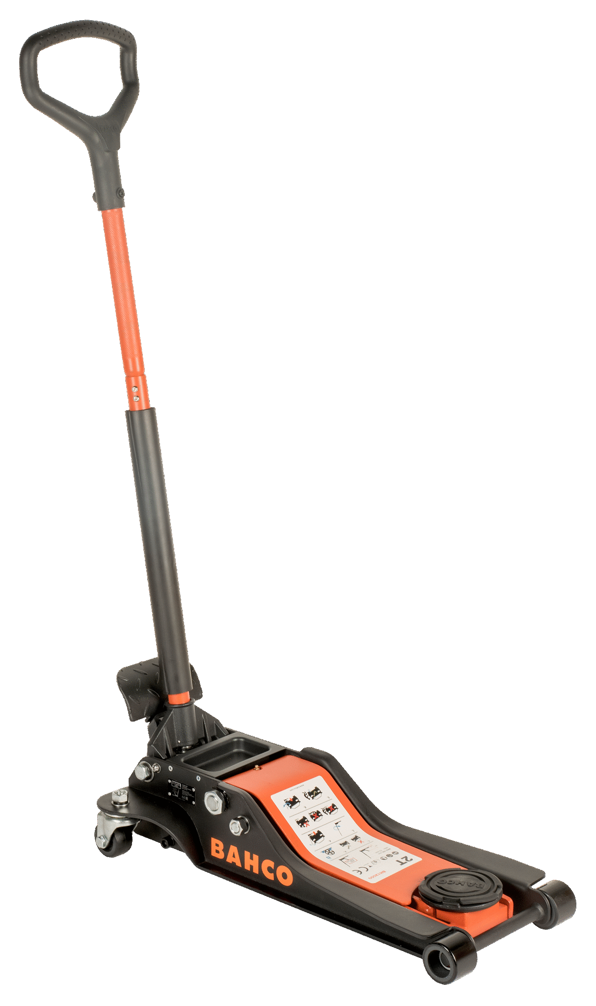 Un détecteur de mines Baum pour détection souterraine, couleur noire et orange avec une longue poignée, posé à plat. Le dos est visible avec des instructions et un capteur circulaire au bout.