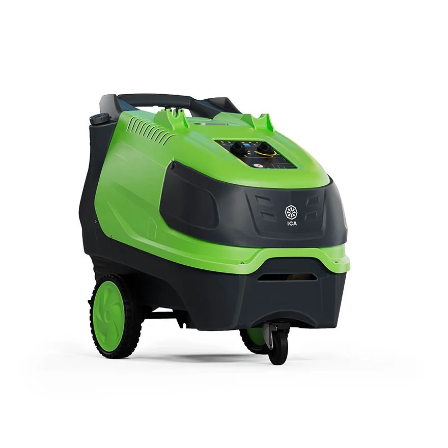 Nettoyeur haute pression vert et noir avec roulettes et poignée.