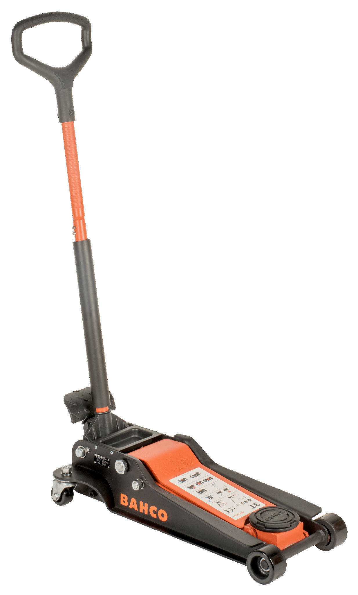 Un balancier de levage à roulettes de couleur noir et orange avec une longue poignée.