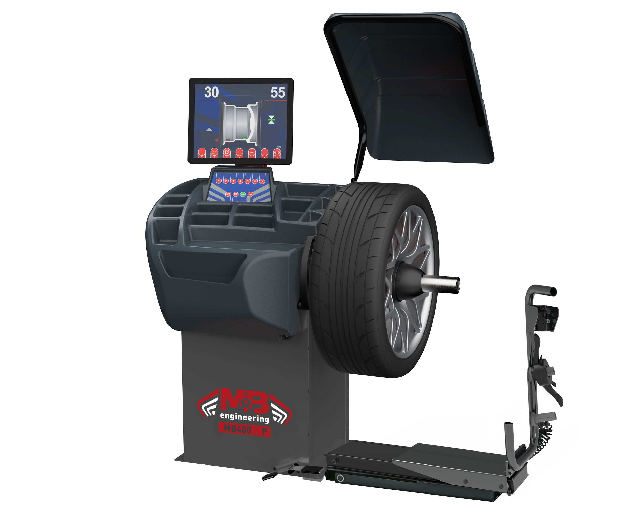 Appareil de test d'usure et d'alignement de pneus de voiture avec écran interactif, marque M&8 engineering, modèle MB400XL-P, placé sur un support.