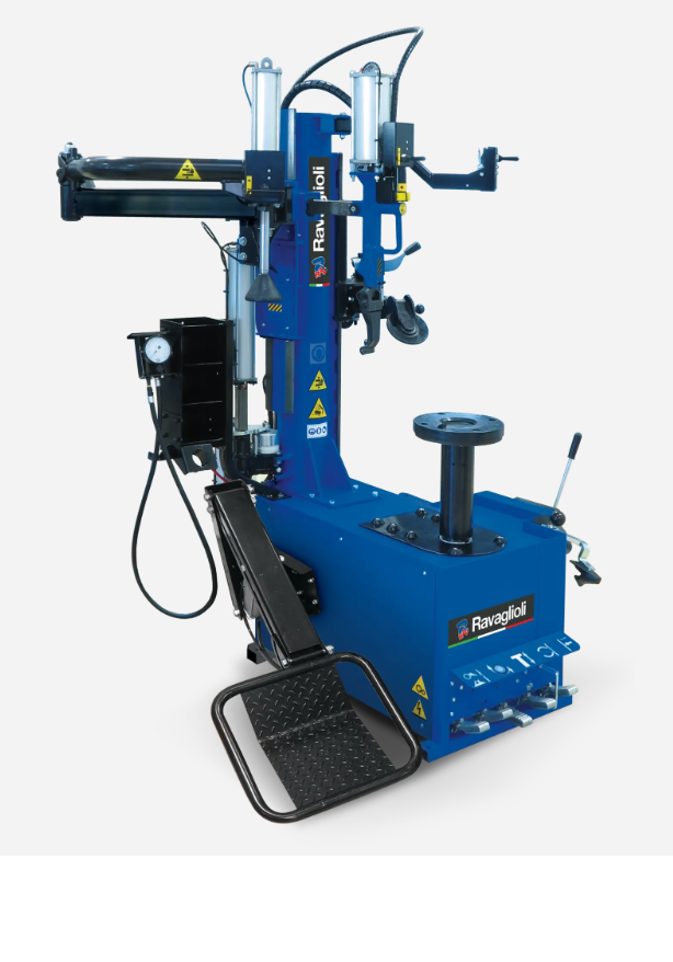 Machines de réparation de chaussures Ravaiglioli avec plateforme pour les pieds, bras articulé, et différentes pièces mécaniques en bleu