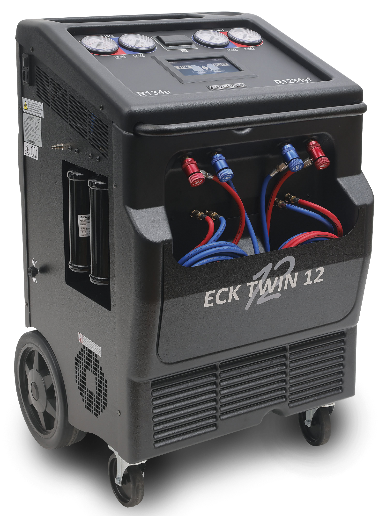 Un appareil de climatisation ou de recharge de fluide pour véhicules, avec des manomètres et des tuyaux rouges et bleus, marqué "ECK TWIN 12".
