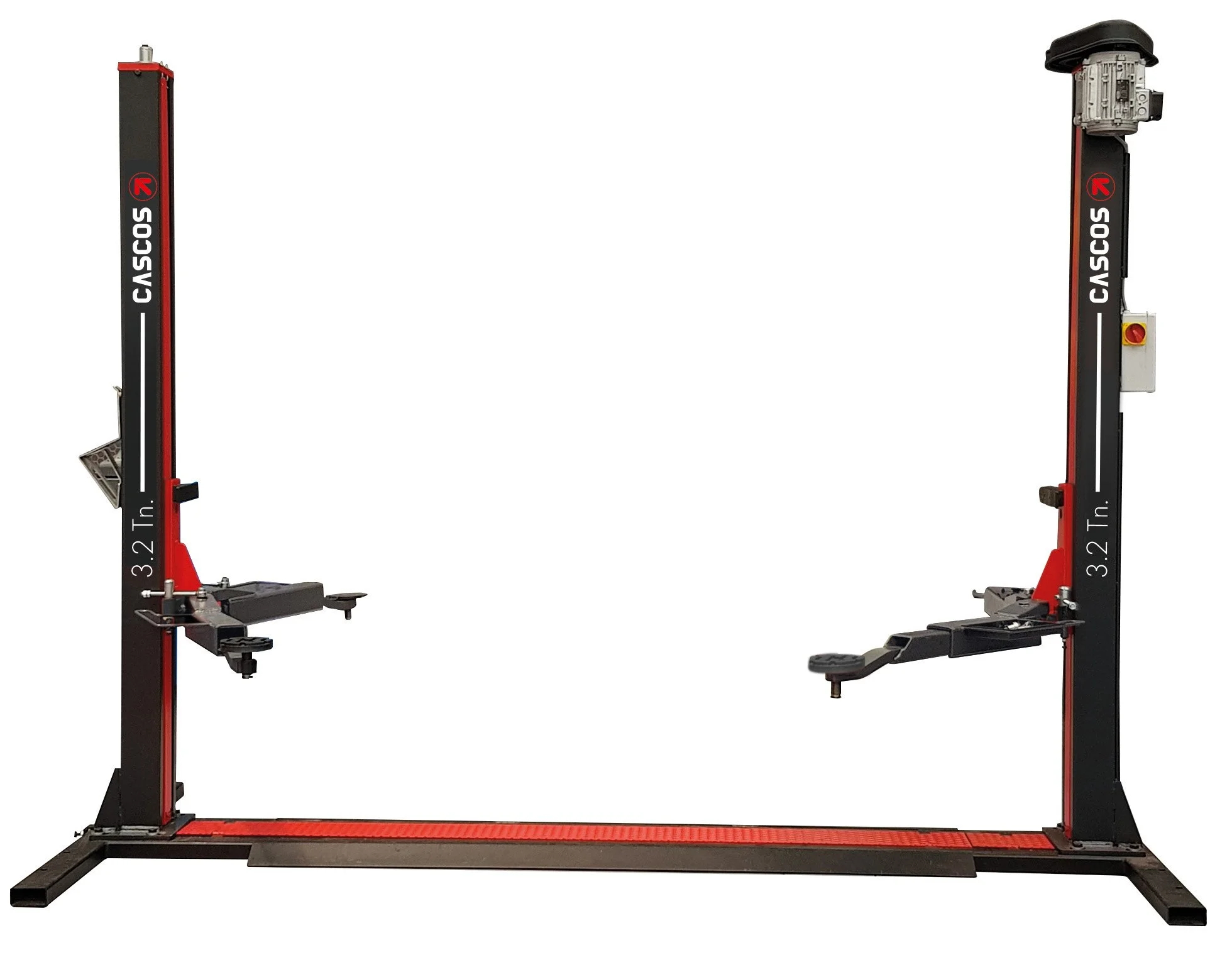 Un poste de levage pour véhicules électriques avec deux bras de levage, une inscription 'CASCOS 3.2 Tn' et un moteur électrique en haut à droite.
