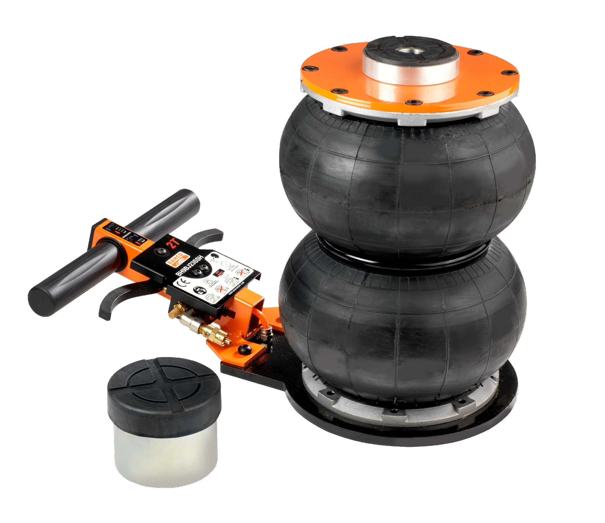 Un appareil de réglage de pression, probablement un compresseur d'air ou une pompe, avec deux ballons en caoutchouc et des composants mécaniques et électroniques, principalement en orange et noir.