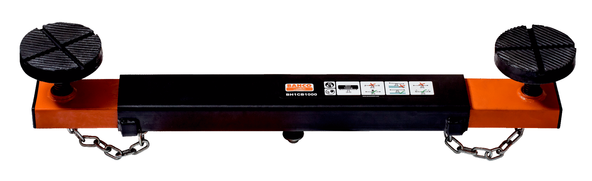 Plateforme de levage pour véhicule avec deux plateformes en caoutchouc noir et supports en métal orange, chaînes de sécurité en dessous, et instructions en français sur la partie centrale.