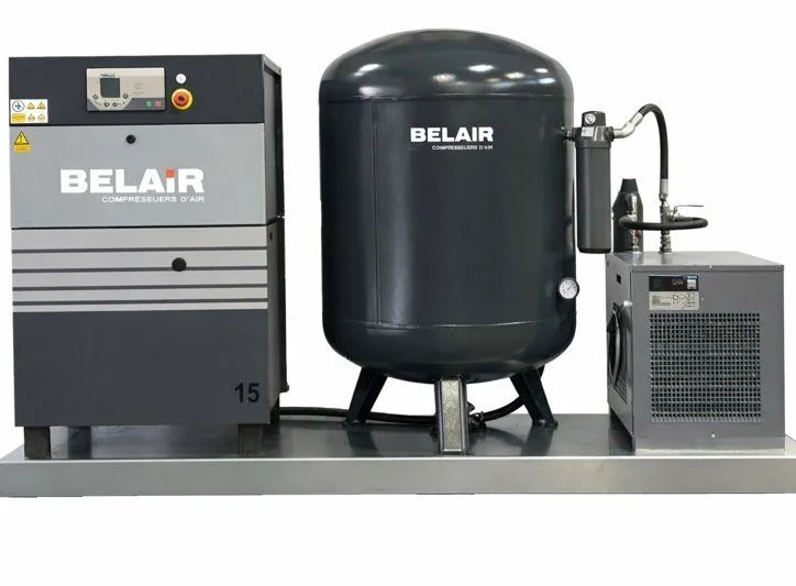 Un système de compresseur d'air industriel de la marque BELAIR, comprenant un compresseur d'air, un réservoir et un système de refroidissement.