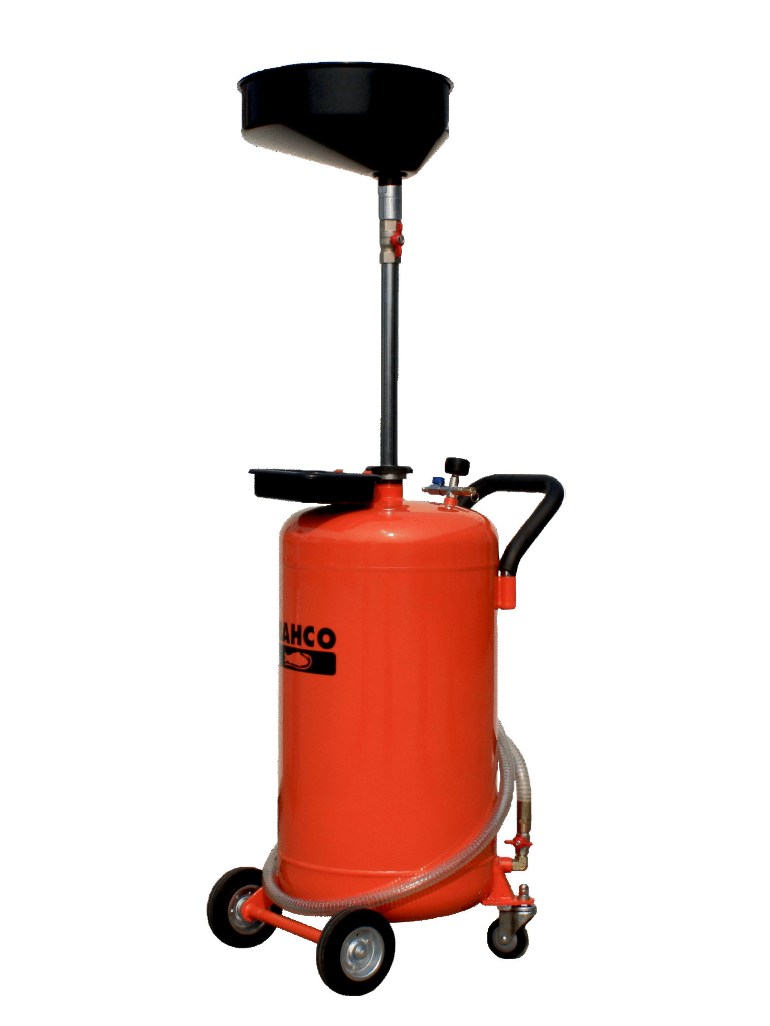 Un appareil orange avec une tige verticale et un réservoir, utilisé pour la dépoussiérisation ou la plomberie, avec des roues et des tuyaux attachés.