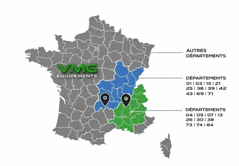 Carte de France avec régions en gris, régions en bleu et en vert, légende pour départements et équipements VMG.