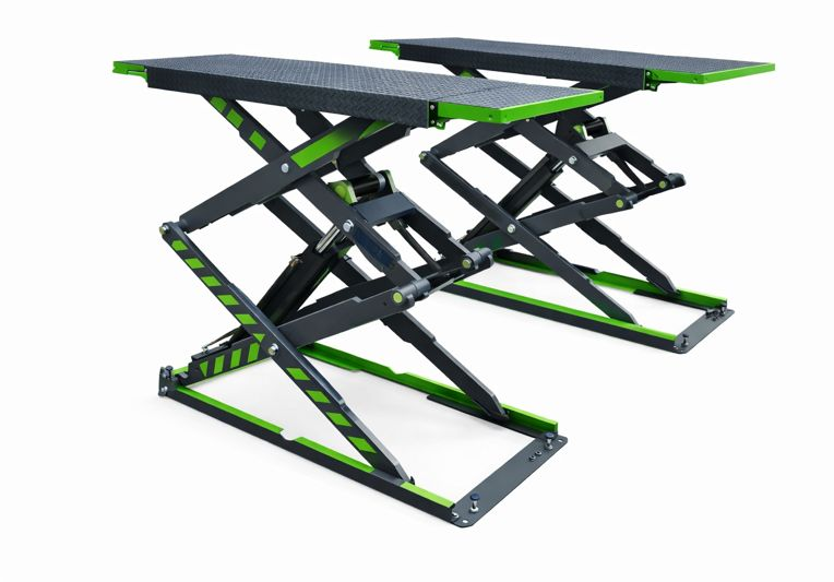 Deux tables de levage mécaniques empilées, conçues pour le travail ou le montage, avec une structure en métal noir et vert.