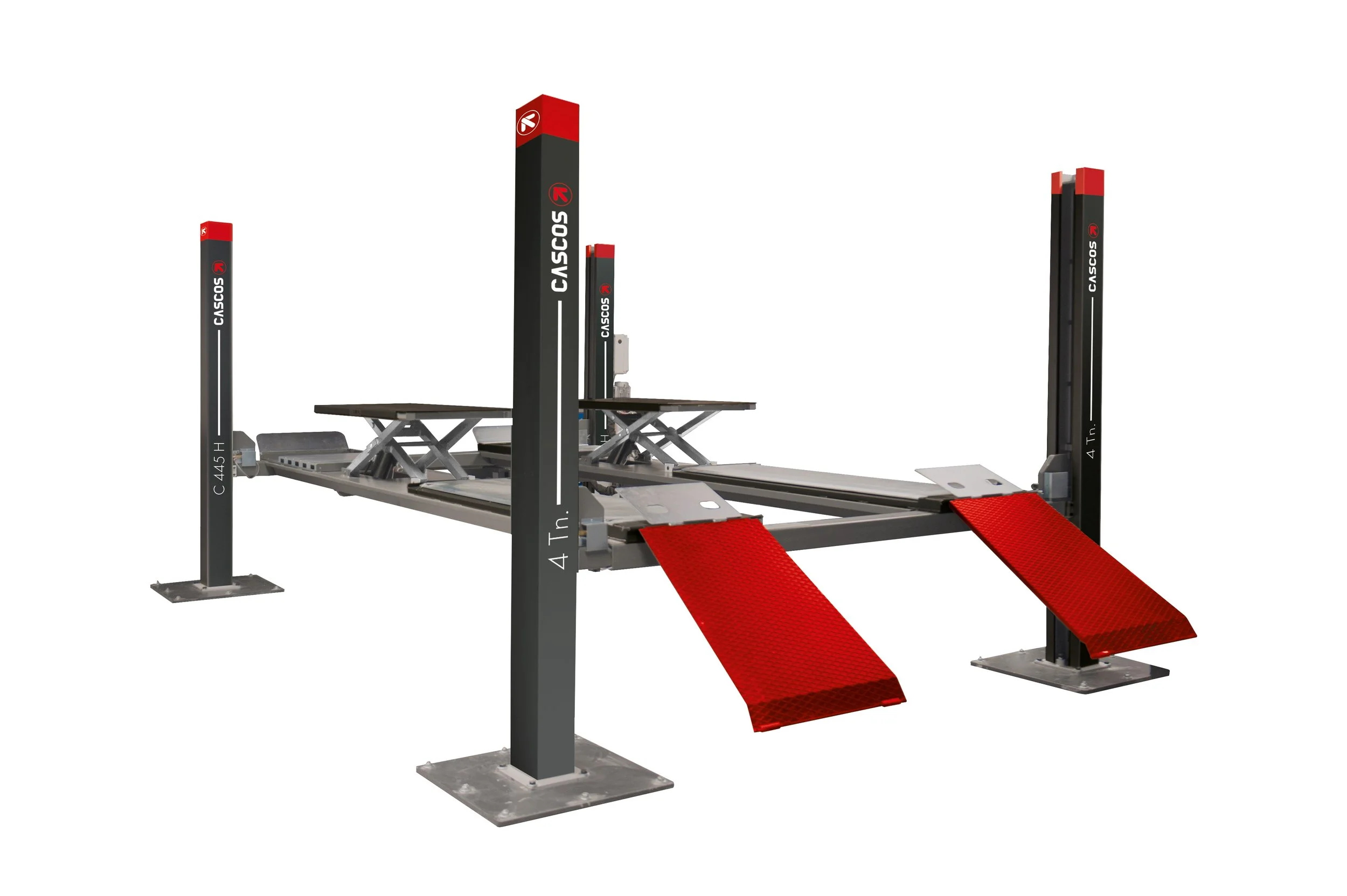 Système de levage pour véhicules avec rampes en métal rouges, piliers gris avec inscriptions, et plates-formes en bois