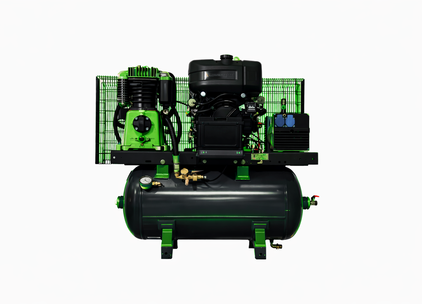 Compresseur d'air avec réservoir noir, composants verts et noirs, monté sur une plateforme avec grille verte à l'arrière.