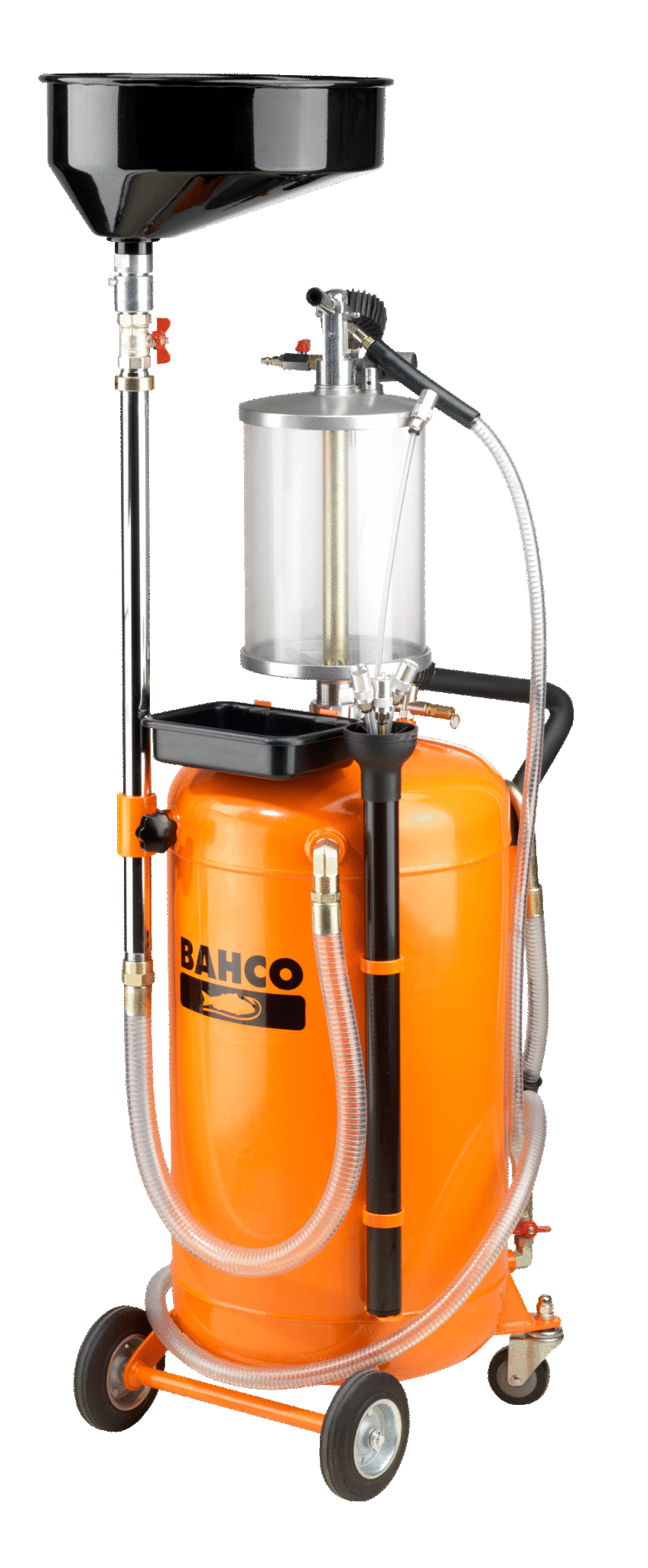 Compresseur d'air orange avec une bouteille transparente, un tuyau flexible et un turbo isolé, utilisé pour le nettoyage ou l'élimination de poussière dans un atelier ou un garage.