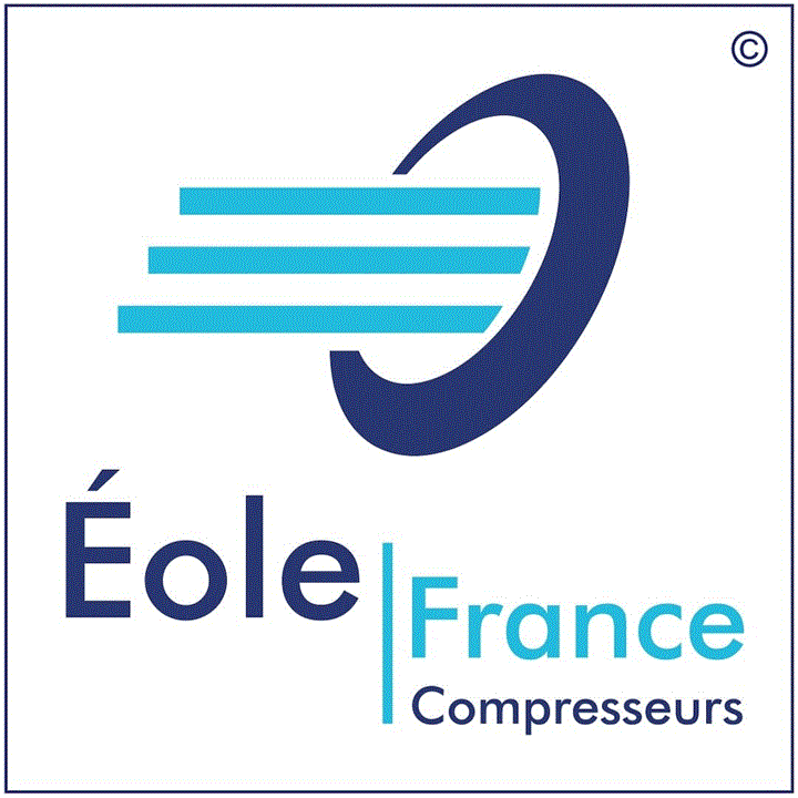 Logo de la société Éole France Compressors, représentant un compresseur stylisé avec des lignes bleues et le nom de la société en texte.