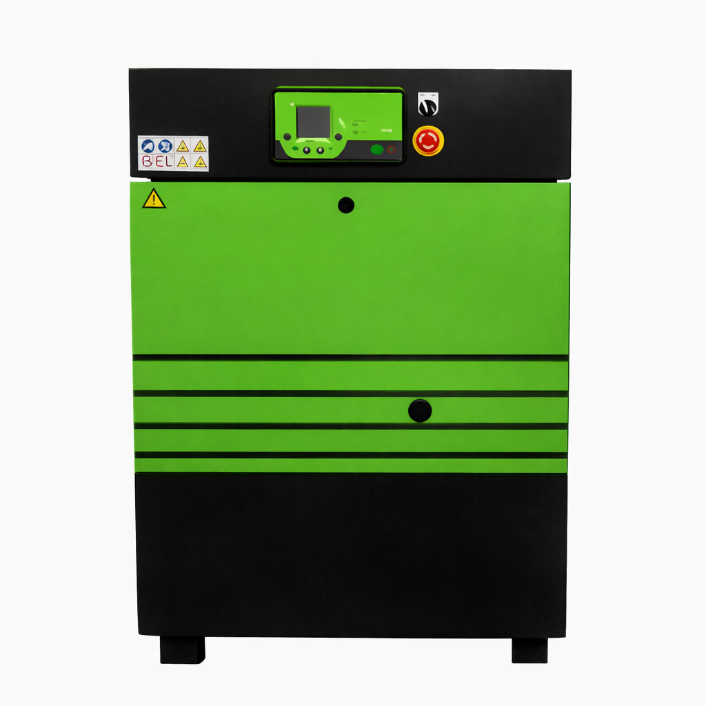 Une machine de contrôle ou de maintenance industrielle de couleur verte et noire avec un panneau de commandes digital et des étiquettes d'avertissement.