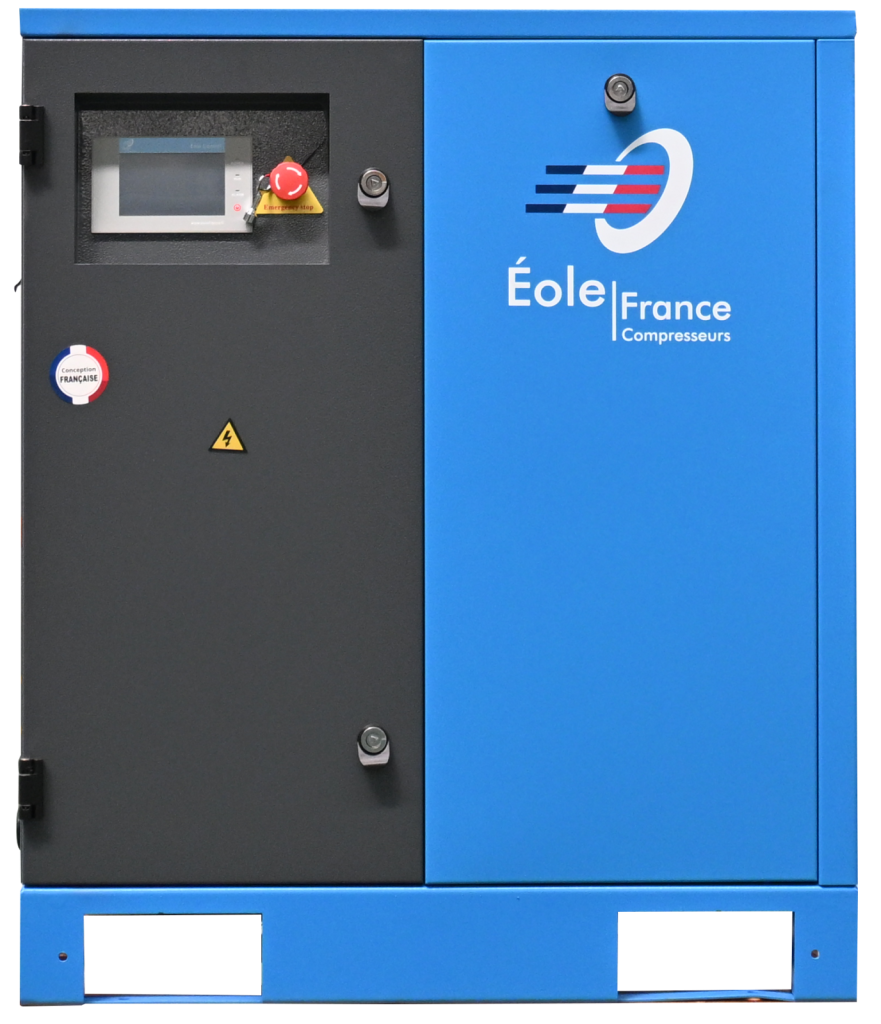 Un compresseur industriel bleu avec le logo de l'École France Compressors et un panneau de contrôle.