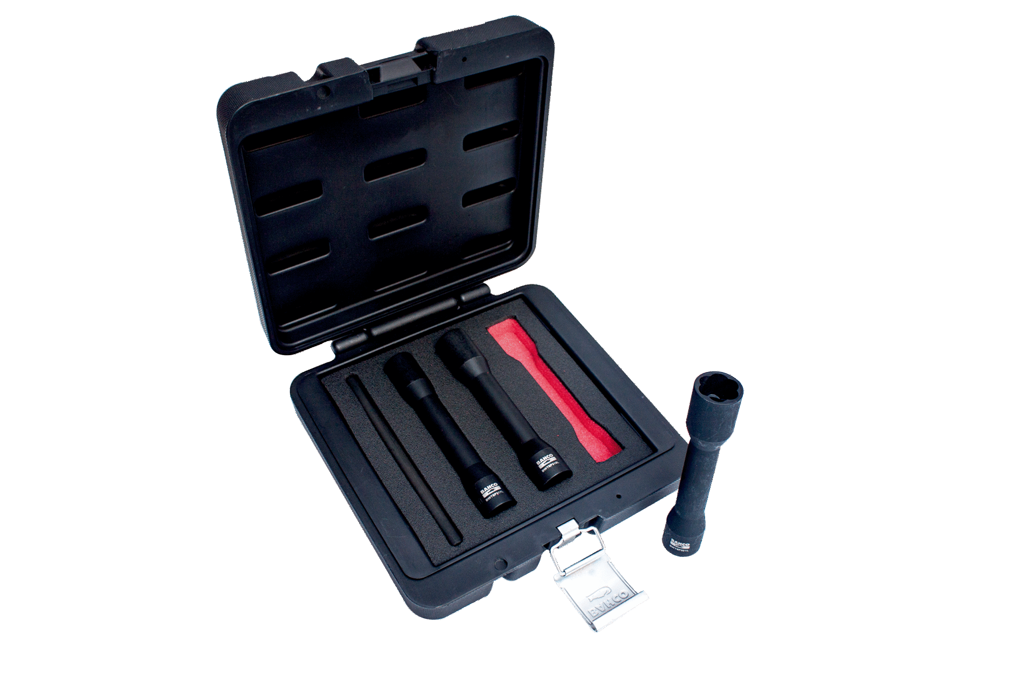 Étui de rangement noir avec deux lampes de poche, un adaptateur et un bandeau lumineux, sur fond noir.