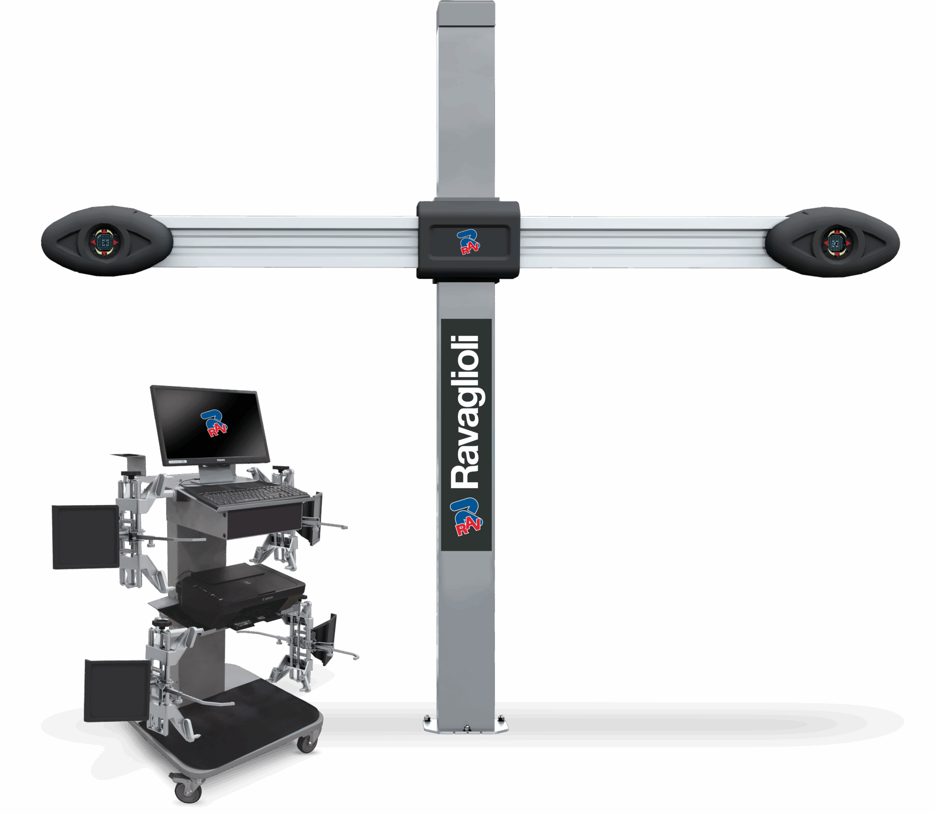 Un appareil de marche robotique avec un ordinateur affichant le logo de Ravigiol, un dispositif vertébral monté sur une colonne et deux bras mécaniques à chaque extrémité.