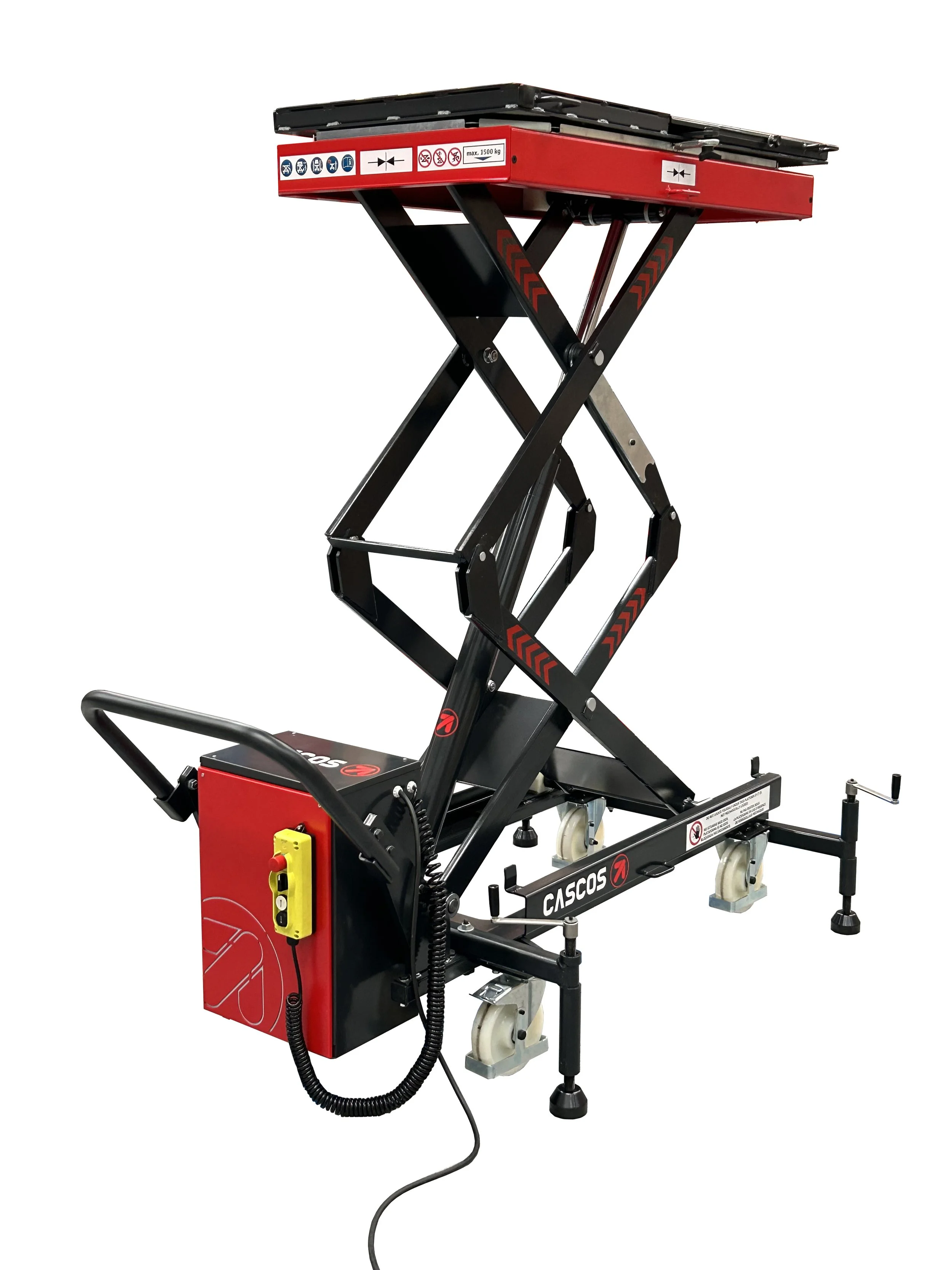 Sclove élévatrice rouge et noire avec roulettes, destinée à la maintenance ou à l'accès en hauteur.