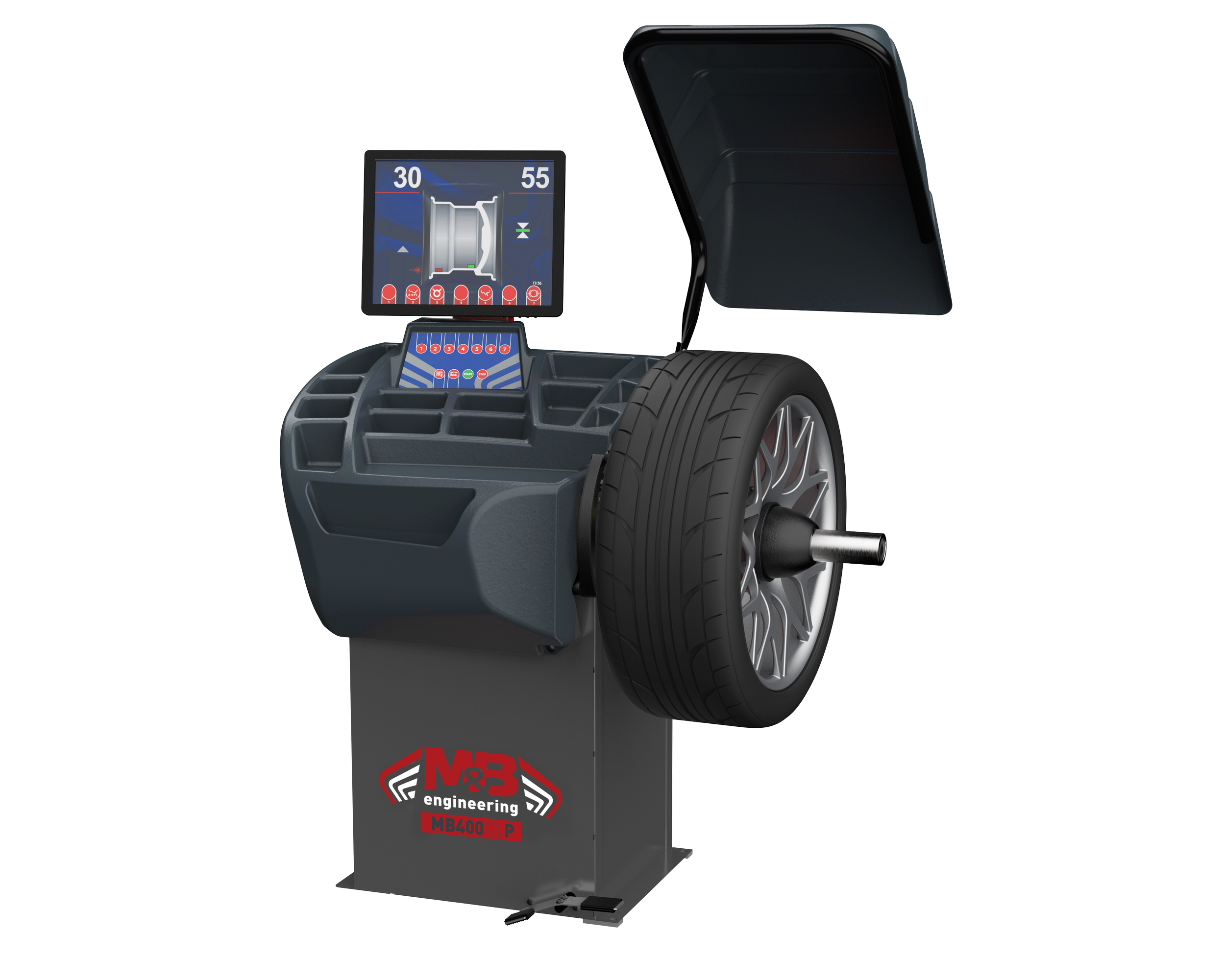 Une machine de diagnostic automobile avec un écran montrant des données de pneus et une roue démontée, utilisée pour tester et mesurer la performance des pneus de voiture.