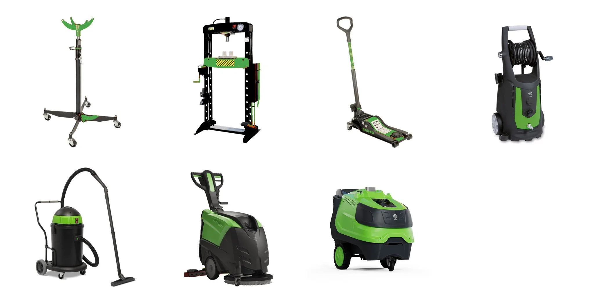 Une collection d'équipements de nettoyage et de maintenance, comprenant un porte-outils, une machine de levage, un scooter de nettoyage, un nettoyeur haute pression, un aspirateur industriel, une machine de nettoyage à sol, et des nettoyeurs électriques, tous de couleur verte et noire.