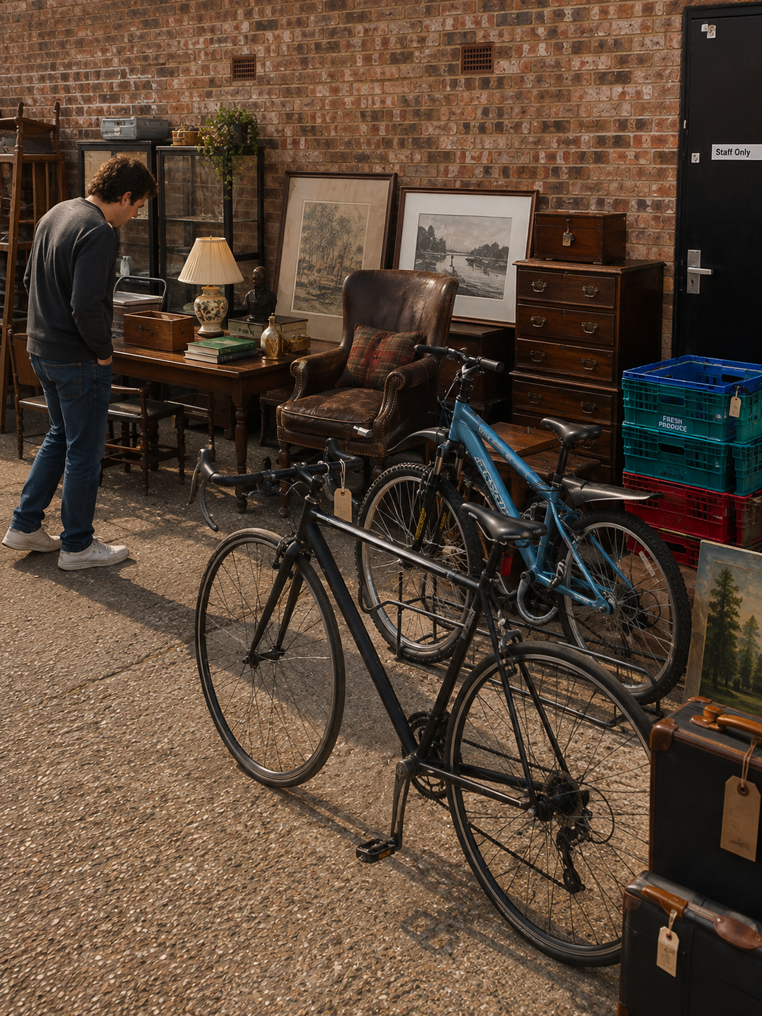 Auction yard with crates, equipment and bicycles at Greasby’s Auctioneers