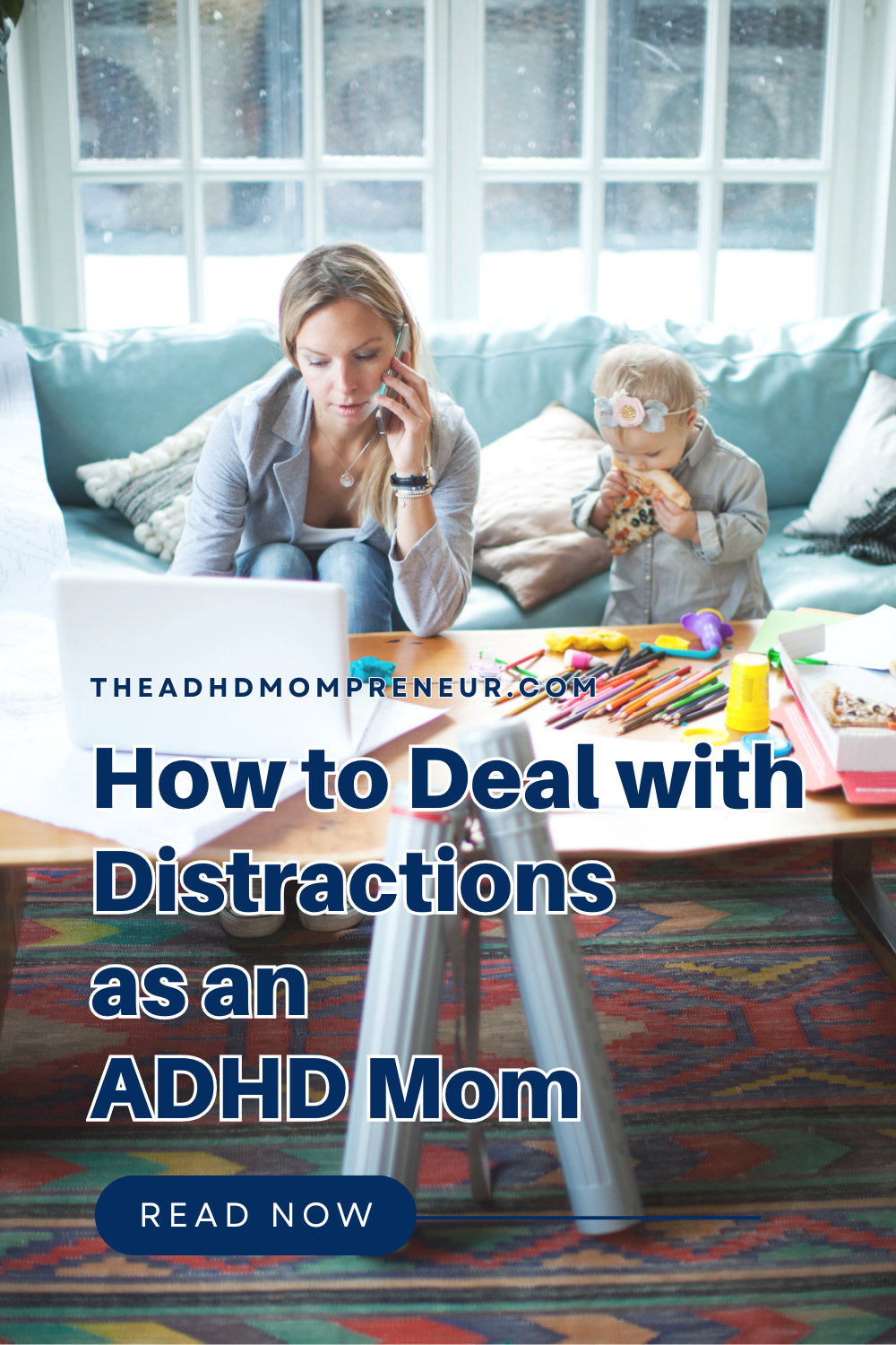 Distracted ADHD mom trying to focus with lots of distractions