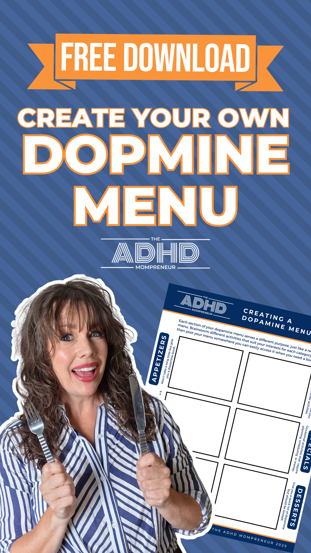 A promotional poster for creating a free dopamine menu, featuring Christy Lingo, a woman with curly brown hair in a striped shirt holding a fork and knife, and a dopamine menu template.