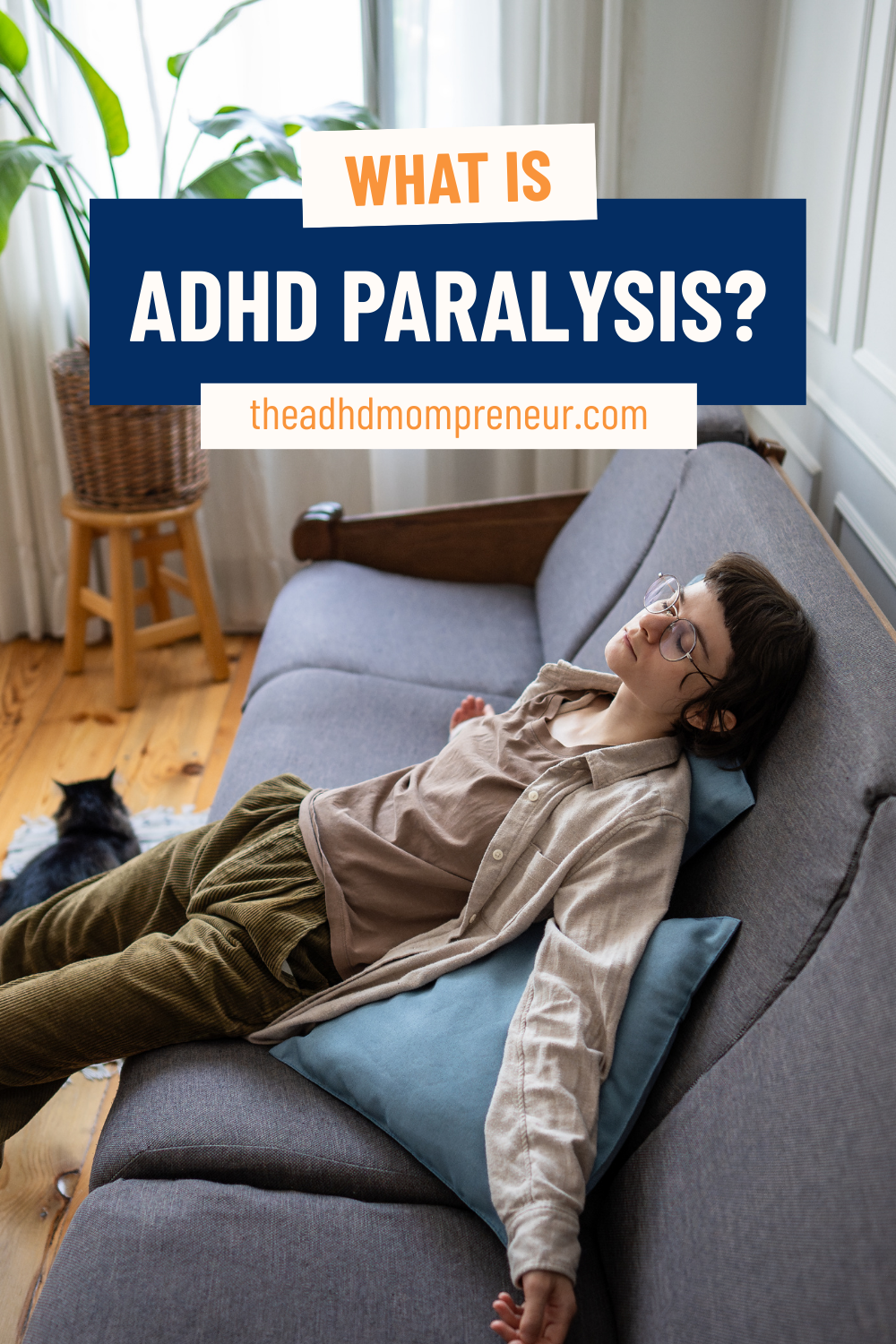 Pin featuring ADHD woman slouching on a couch struggling with motivation