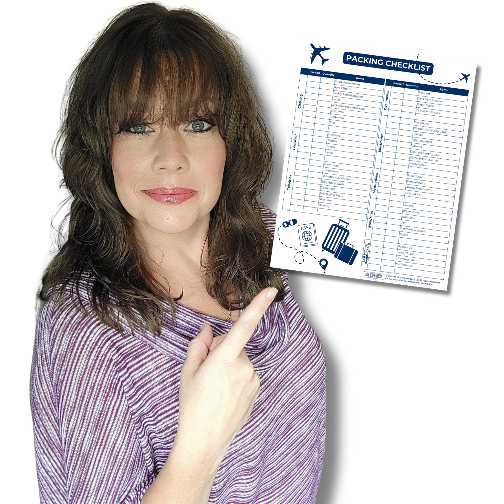 Christy Lingo, The ADHD Mompreneur, a woman with brown hair and wearing a purple and white striped top pointing at an ADHD-friendly travel packing checklist on a black background.