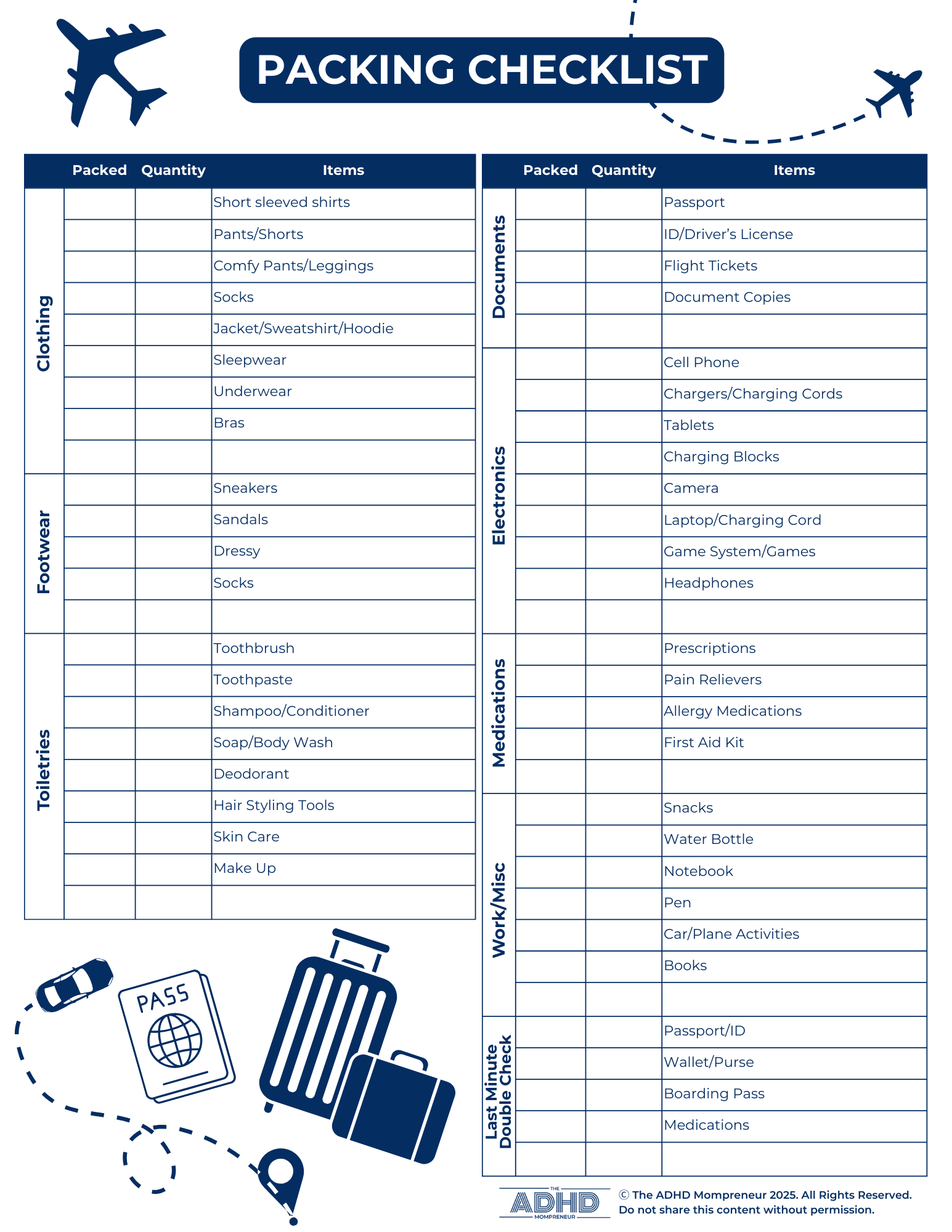 Image of ADHD-friendly travel packing checklist to make packing easier for ADHD moms