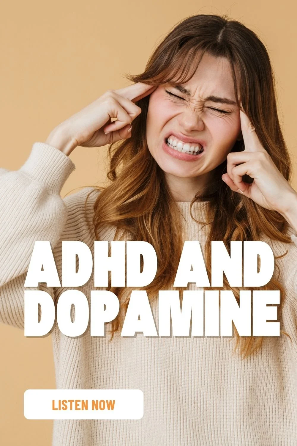 Pin of ADHD woman holding her head and gritting her teeth trying to think hard