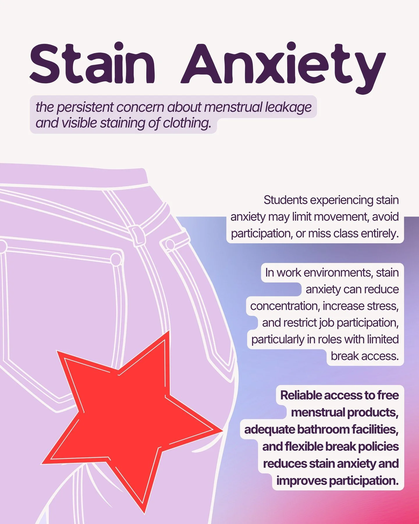 Stain anxiety is real! And for many people, it comes from not having reliable access to menstrual products or safe, private bathrooms. 

Period care shouldn&rsquo;t be something anyone has to stress about. 

Addressing period poverty means making sur