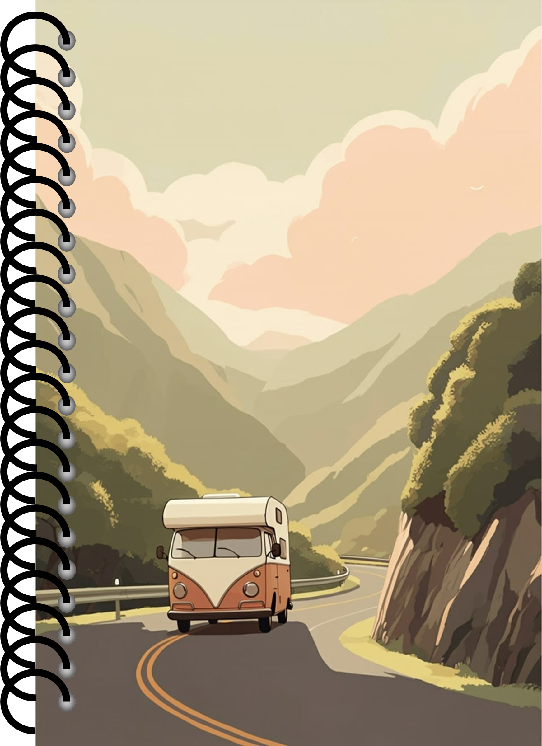 Illustration of a vintage camper van driving along a winding mountain road with lush green hills and pink clouds in the sky.